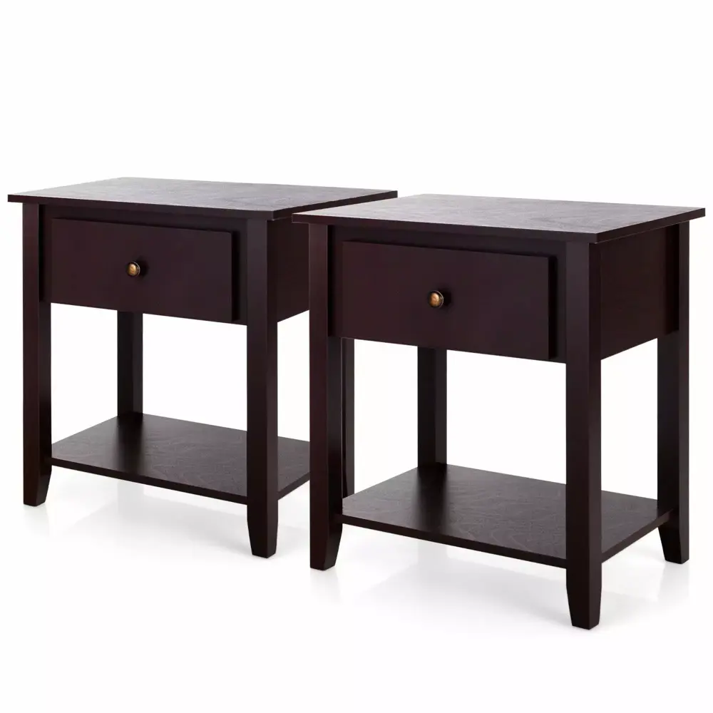 Gymax 2PCS Nightstand Sofa End Side Table W/ Storage Drawer Bottom Shelf Espresso