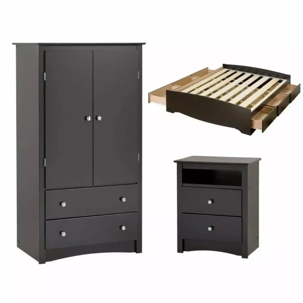 Home Square 3-Piece Set with Storage Bed Wardrobe Armoire & Tall Night Stand - Space Saving Bedroom Solution
