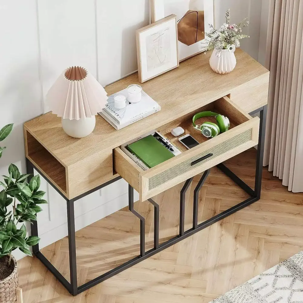 Foldlife Rattan Console Table with Drawer and Storage - 40 Inch Narrow Sofa Table for Behind Couch