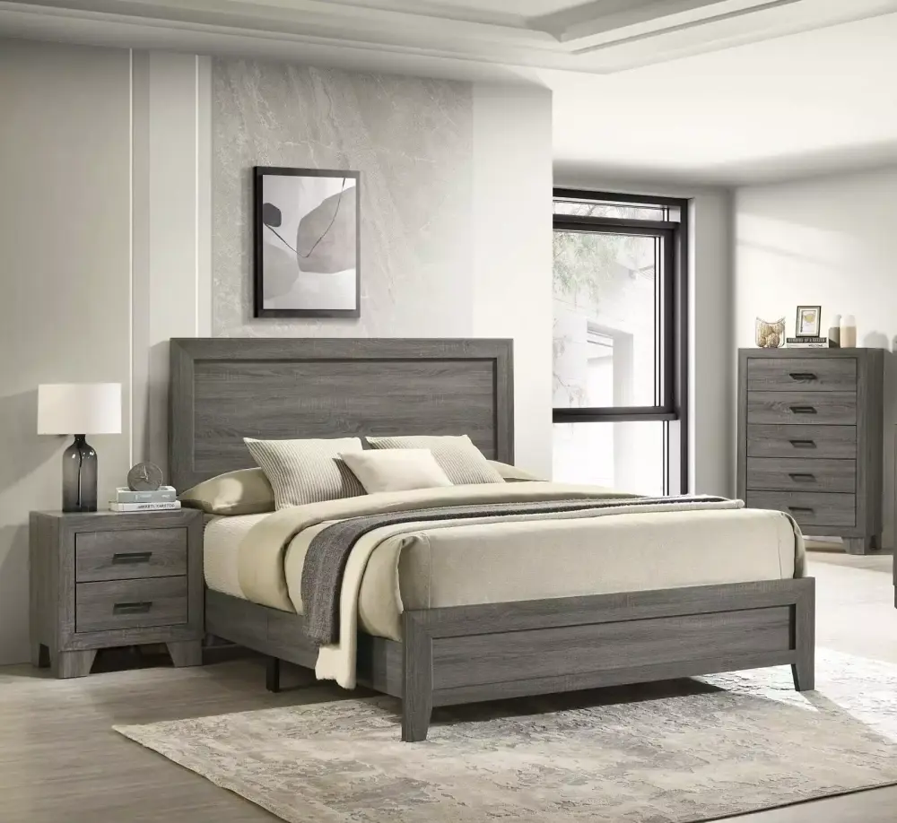 Contemporary Gray King Size 3pc Panel Bed Set with Chest and Nightstand Wooden Furniture