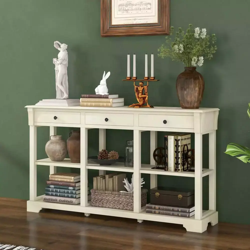 Laicejoy 58 Inch Retro Console Table with 3 Drawers and Open Shelves - Storage Sofa Table