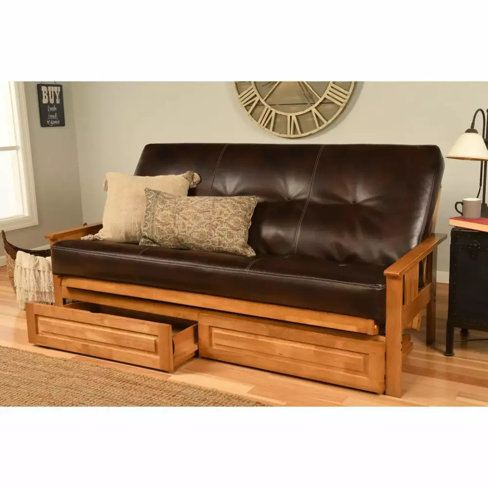 Homestock Artistic Accomplishment Full Futon Frame with Storage Drawers in Butternut Dark Brown