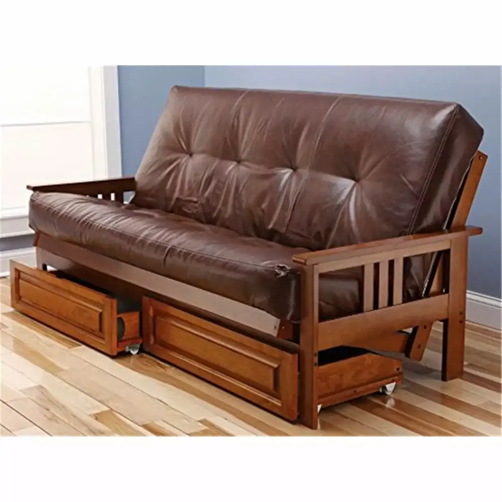 Homestock Antique Accents Full Futon Frame with Storage Drawers in Barbados Light Brown