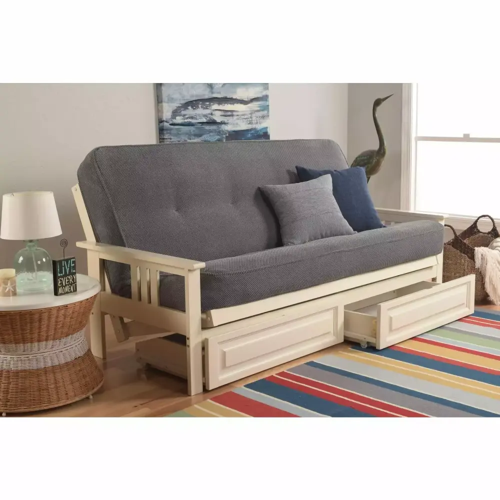 Homestock Asian Fusion Full Futon Frame with Storage Drawers Antique White Blue