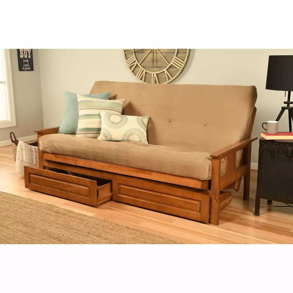 Homestock Contemporary Cool Full Futon Frame with Storage Drawers in Barbados Tan