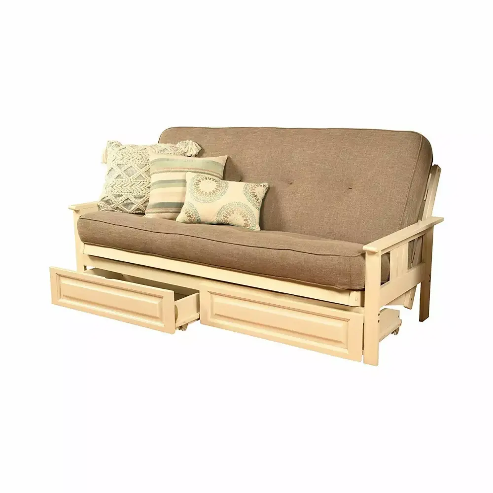 Homestock Retro Renaissance Full Futon Frame with Storage Drawers in Antique White Gray
