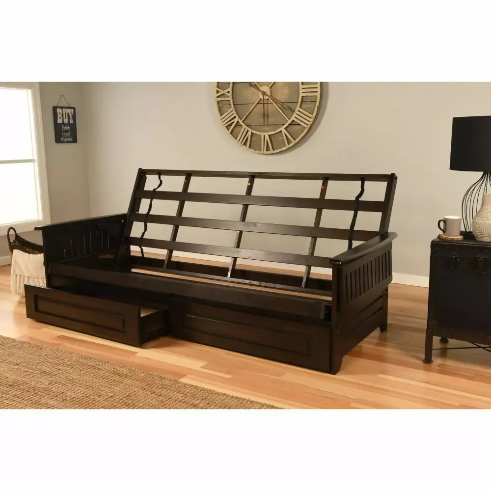 Kodiak Furniture Phoenix Queen Wood Futon Frame with Storage Drawers in Espresso - Space Saving Design