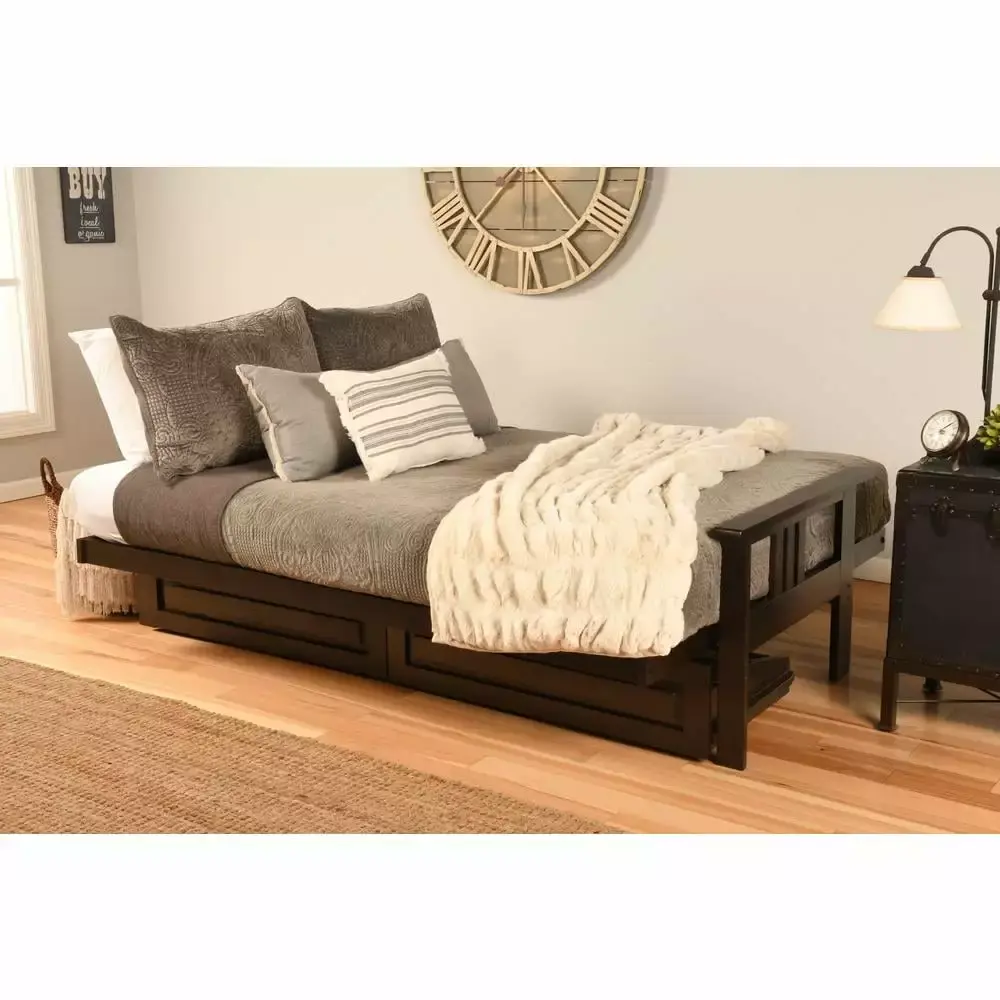 Kodiak Furniture Monterey Espresso Storage Wood Futon with Twill Gray Mattress