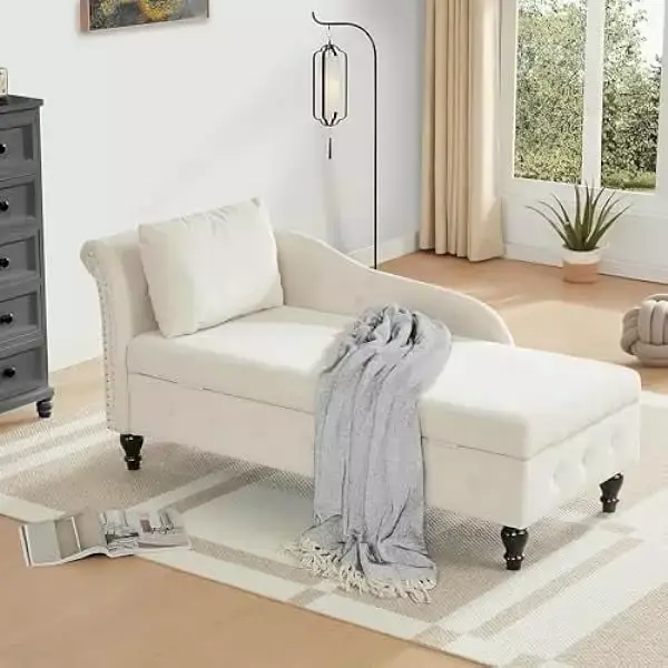 Chaise Lounge Indoor with Storage - Upholstered Couch with Pillow for Living Room - Modern Nailhead-Trimmed Tufted Lounge Chair - Beige
