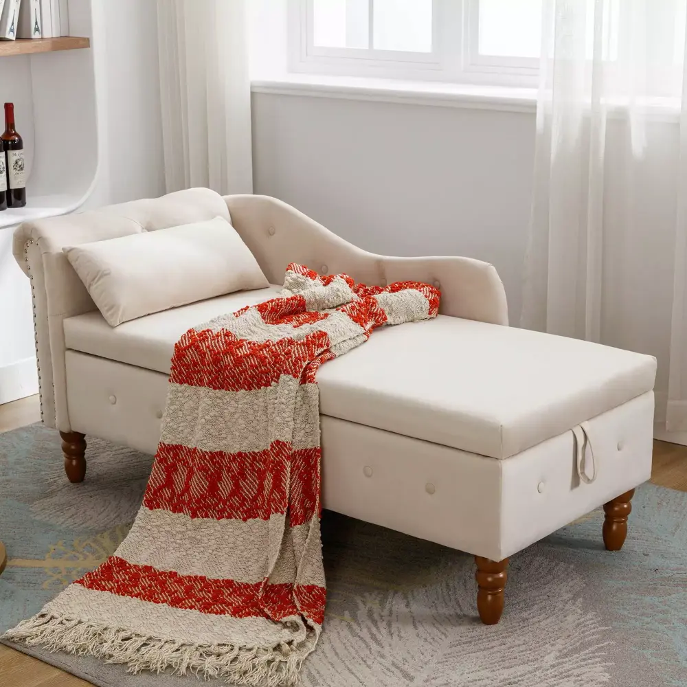 Beige Velvet Chaise Lounge with Storage & Pillow Modern Upholstered Chair for Bedroom