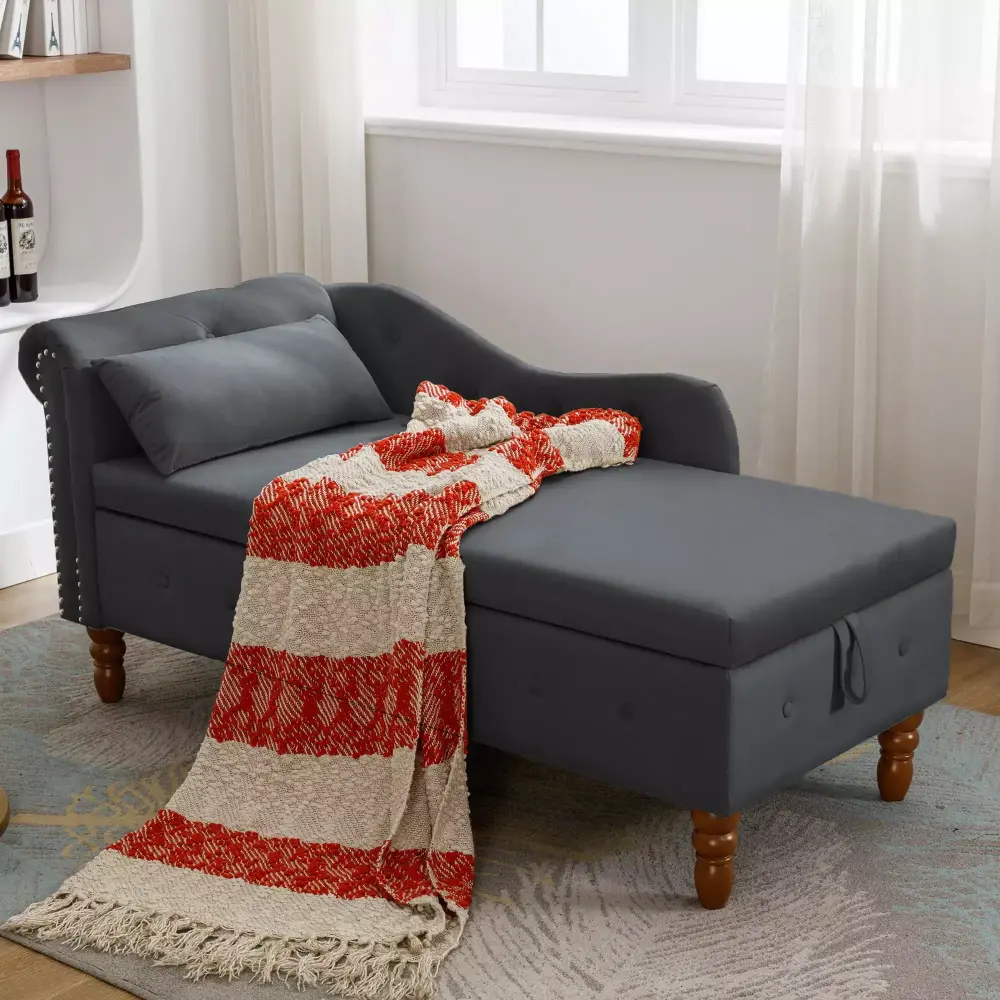 Black Velvet Chaise Lounge with Storage & Pillow Sleek Upholstered Chair with Nailhead Trim