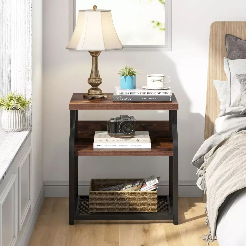 Tribesigns Side End Table Industrial 3 Shelf Bedside Nightstand with Storage Shelves for Small Space Bedroom Balcony Rustic Brown