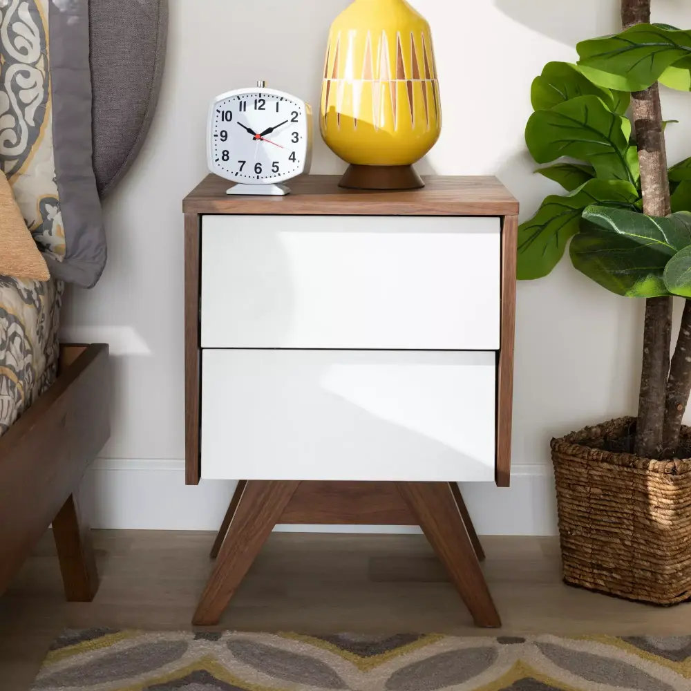 Halfrida Mid Century Modern White Walnut Wood 2 Drawer Storage Nightstand by Bellamy Studios