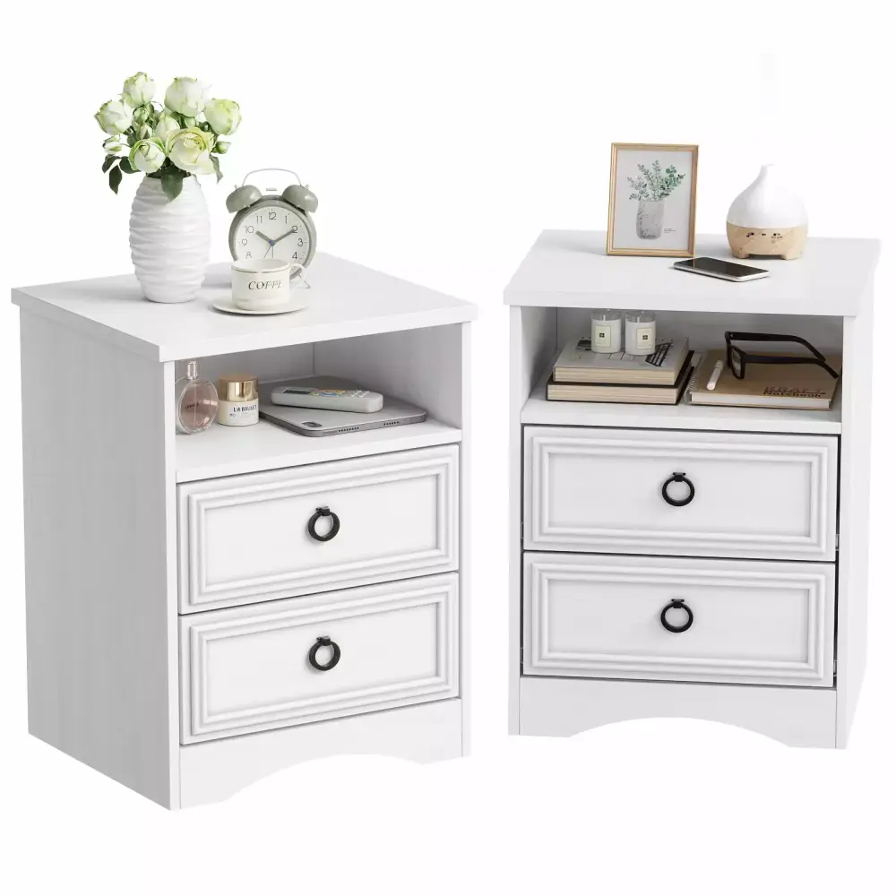 JIEKAIR 2 Modern Nightstands with Large Compartment in White for Bedroom Storage