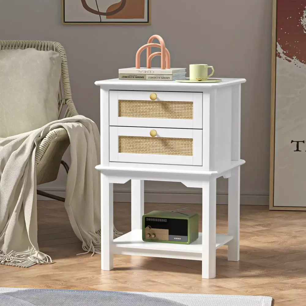 Eumyviv Rattan Nightstand with 2 Drawers and Open Shelf Bedside Table for Bedroom Living Room White Oak