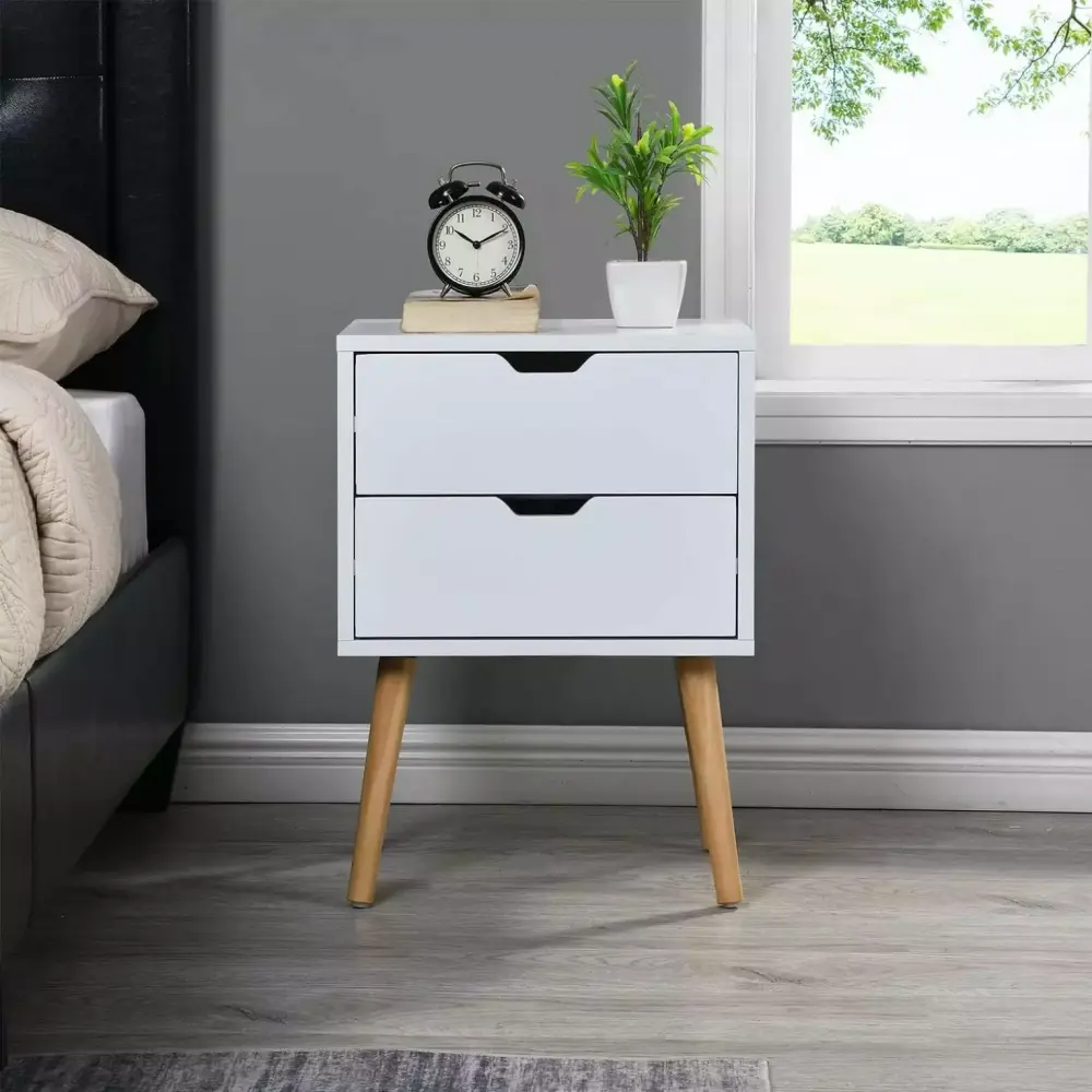 HTYSUPPLY White Modern Nightstand with Double Drawers - Solid Wood Legs Storage Cabinet