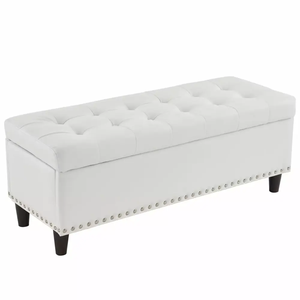 Hassch 43 Inch Storage Ottoman Bench with Copper Nails Trim Off White PU Upholstered Footrest
