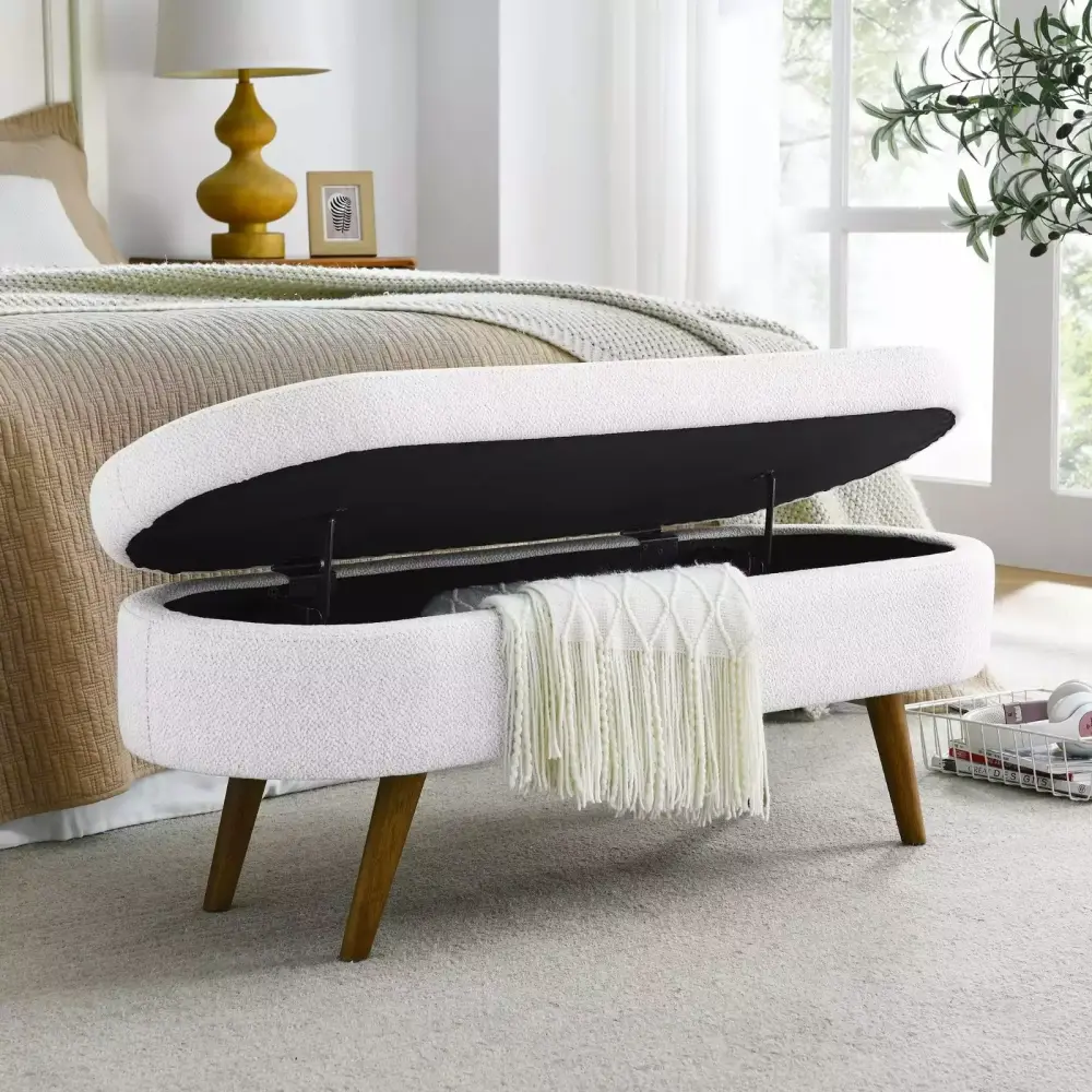 Oval Storage Ottoman Bench 43.5inch Linen Upholstered Entry Bench with Safety Hinge Holds 250lbs in White