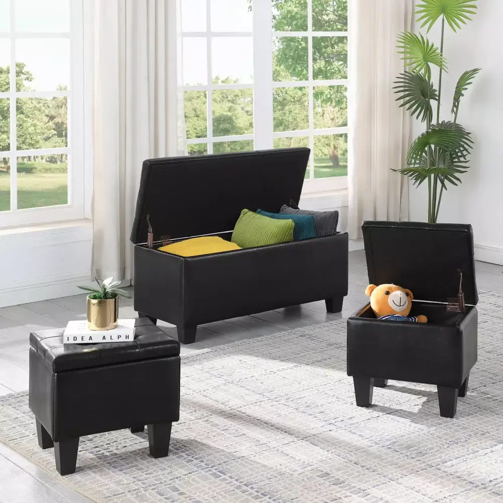 3 in 1 Black Linen Upholstered Tufted Ottoman Bench Set for Multi-functional Storage