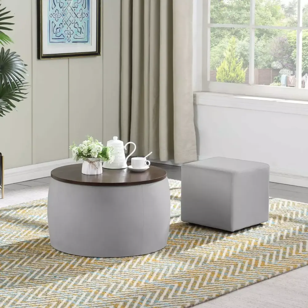 2 in 1 Round Ottoman Set with Storage Gray Velvet Coffee Table Footstool Combo Reversible Lid