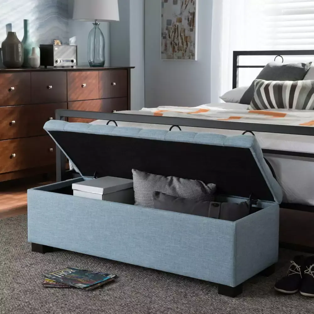 Baxton Studio Alcmene Modern Light Blue Fabric Upholstered Grid Tufted Storage Ottoman Bench