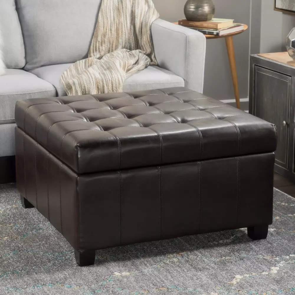 Noble House Allison Contemporary Tufted Bonded Leather Storage Ottoman in Brown and Dark Brown
