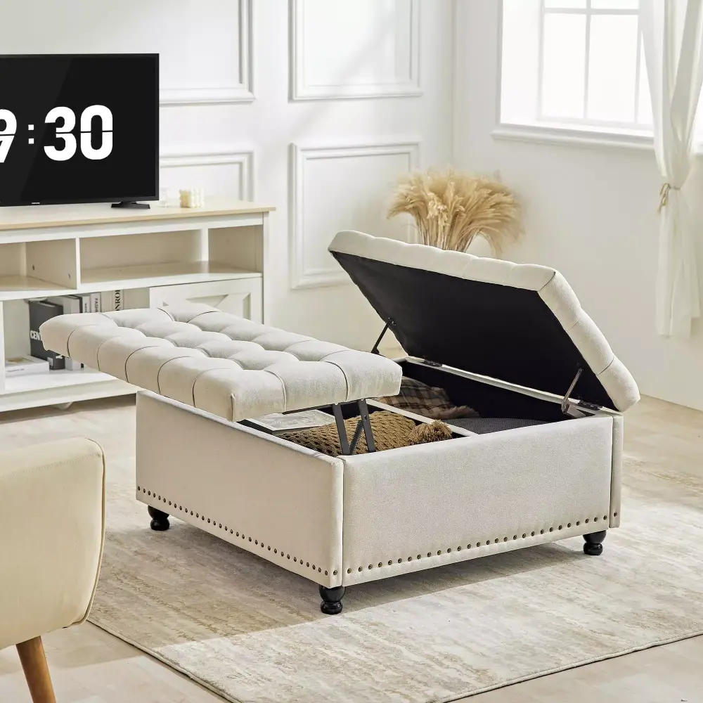 Redlife 35 Inch Square Storage Ottoman Coffee Table with Lift Top Tufted Upholstered Stool in Beige