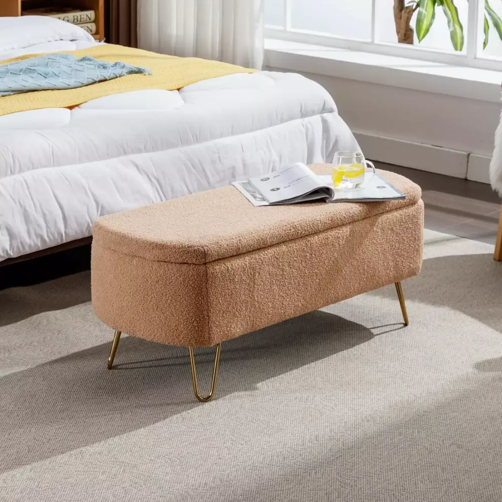 Camel Faux Fur Storage Ottoman Bench with Golden Legs