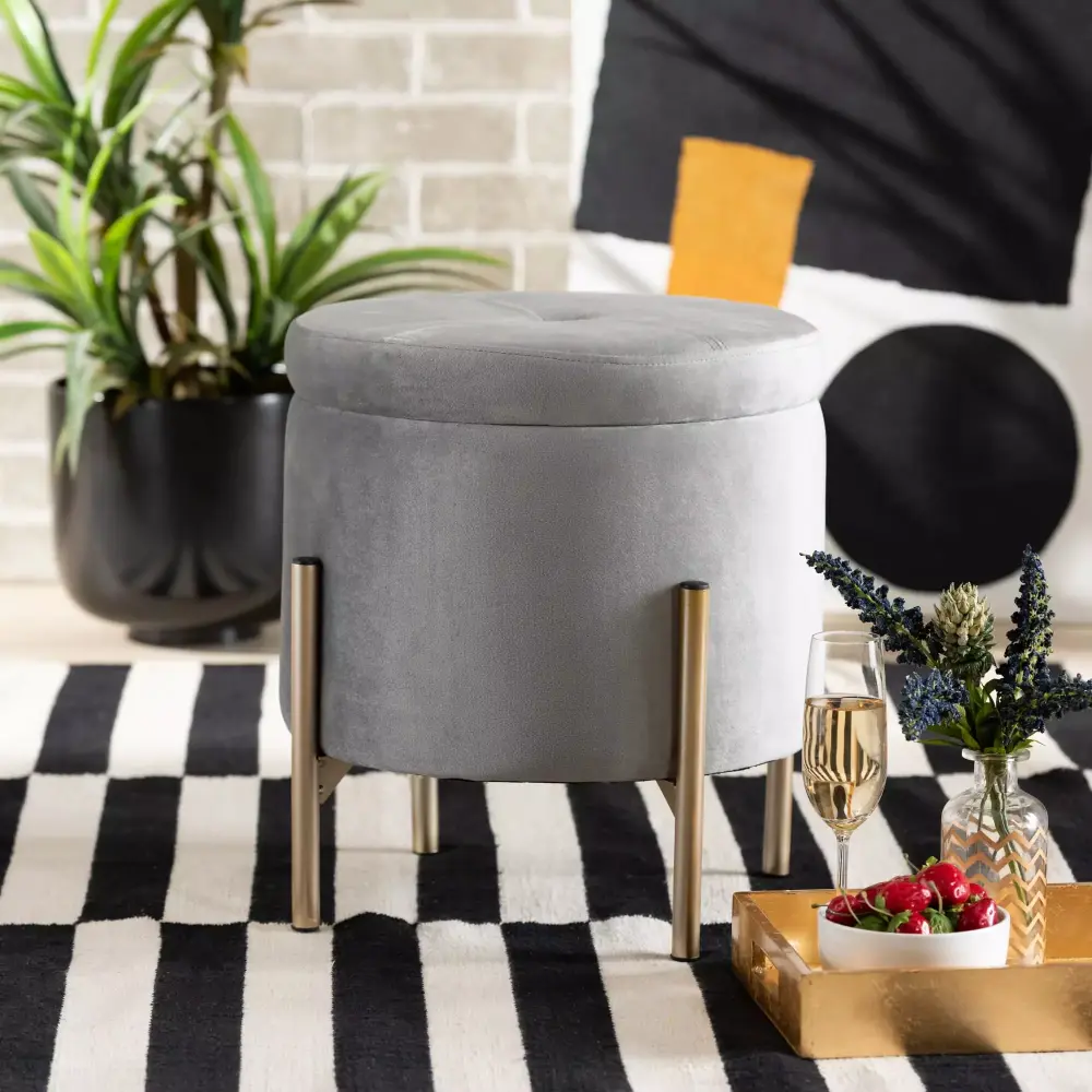 Baxton Studio Malina Contemporary Glam Grey Velvet Storage Ottoman with Gold Metal Finish