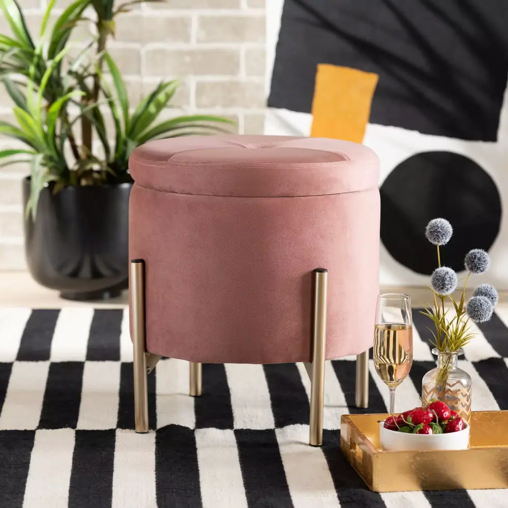 Baxton Studio Malina Contemporary Glam Pink Velvet Storage Ottoman with Gold Metal Finish