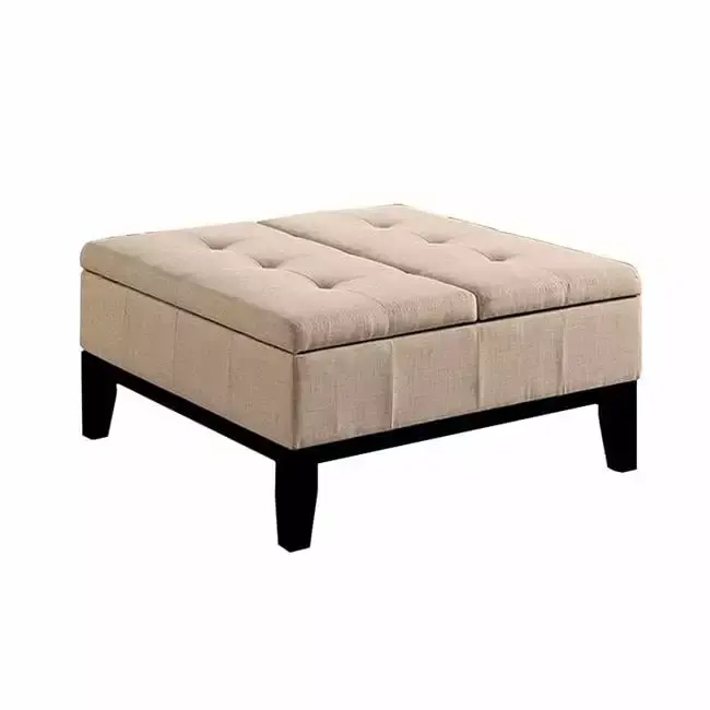 Benjara 18 x 36 x 36 Inch Orin Split Storage Lid Ottoman with Tufted Beige Upholstery and Wood Frame