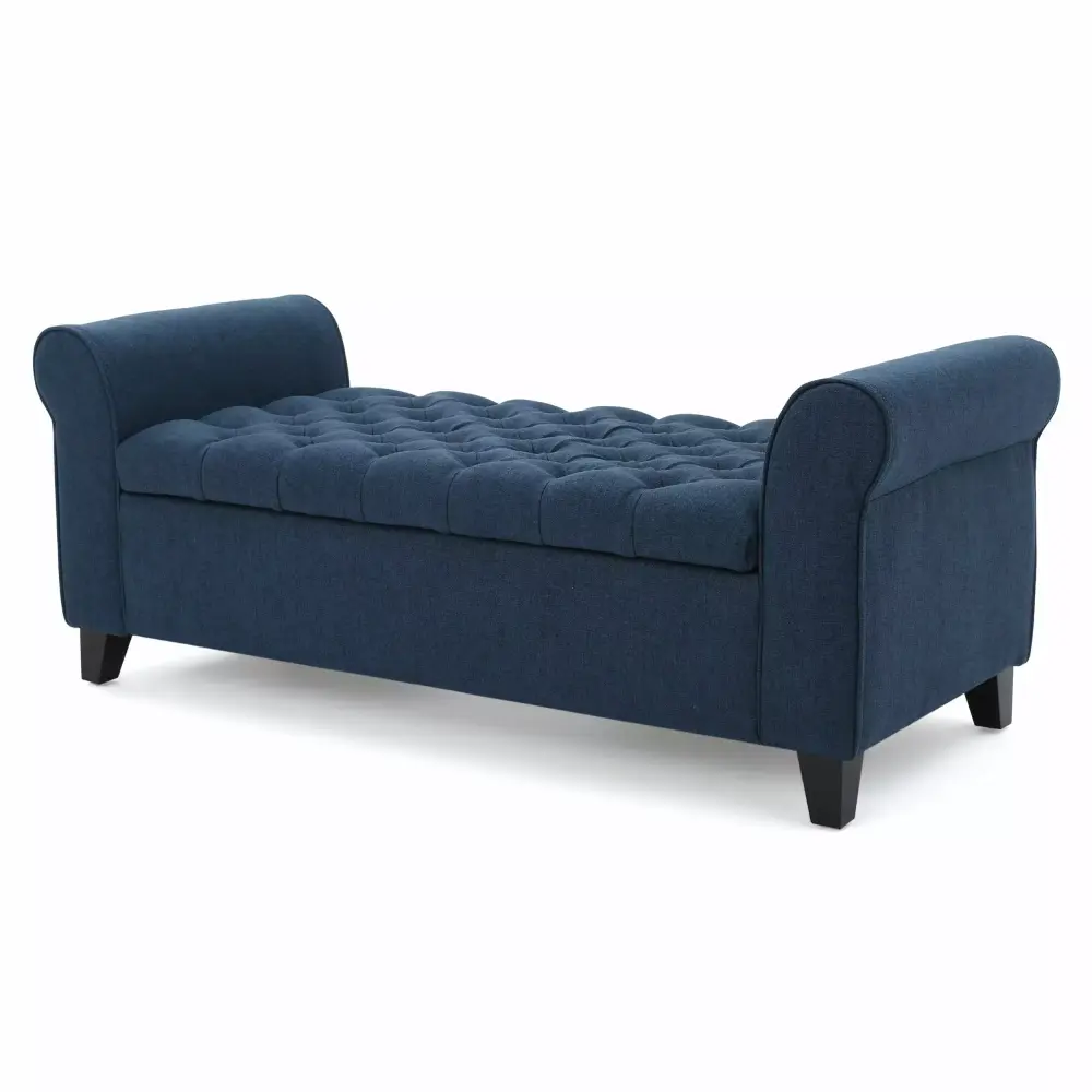 Charlemagne Contemporary Rolled Arm Fabric Storage Ottoman Bench in Dark Blue