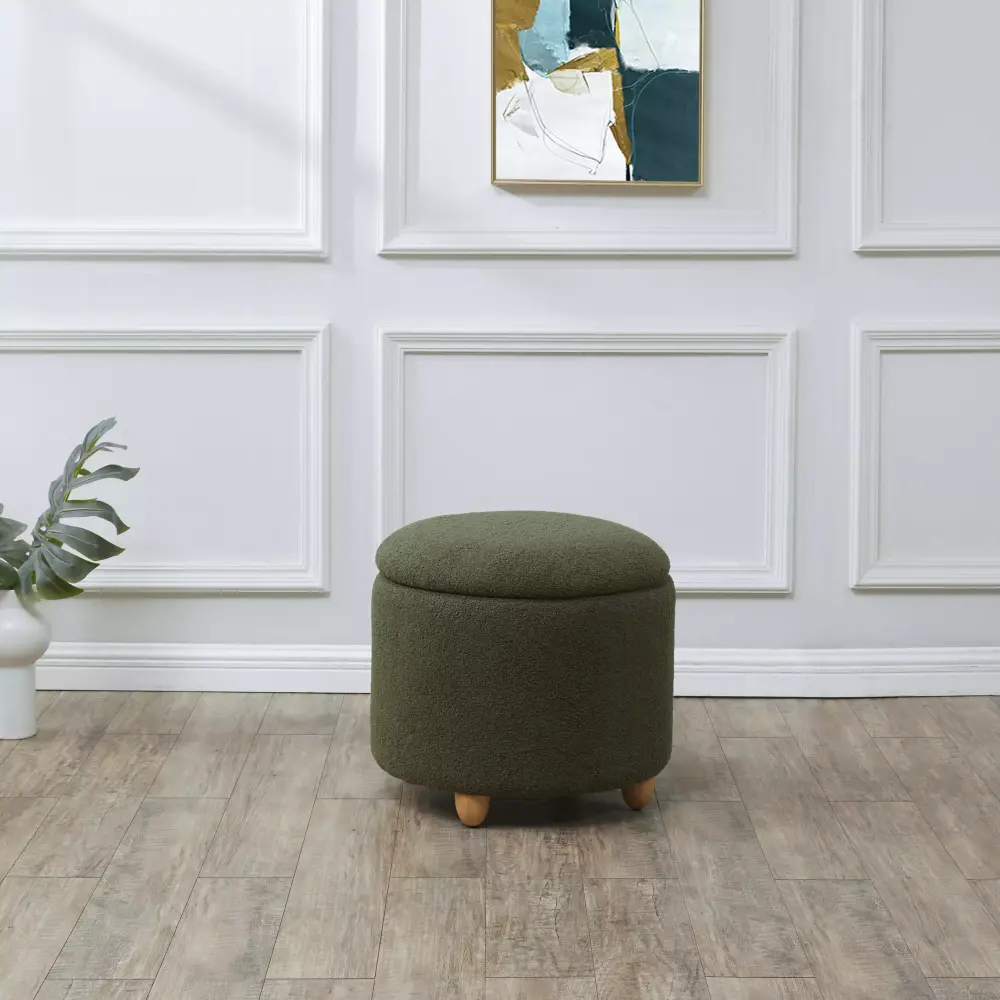 SAFAVIEH Couture Mariabella Modern Faux Shearling Ottoman with Storage in Olive Green Natural