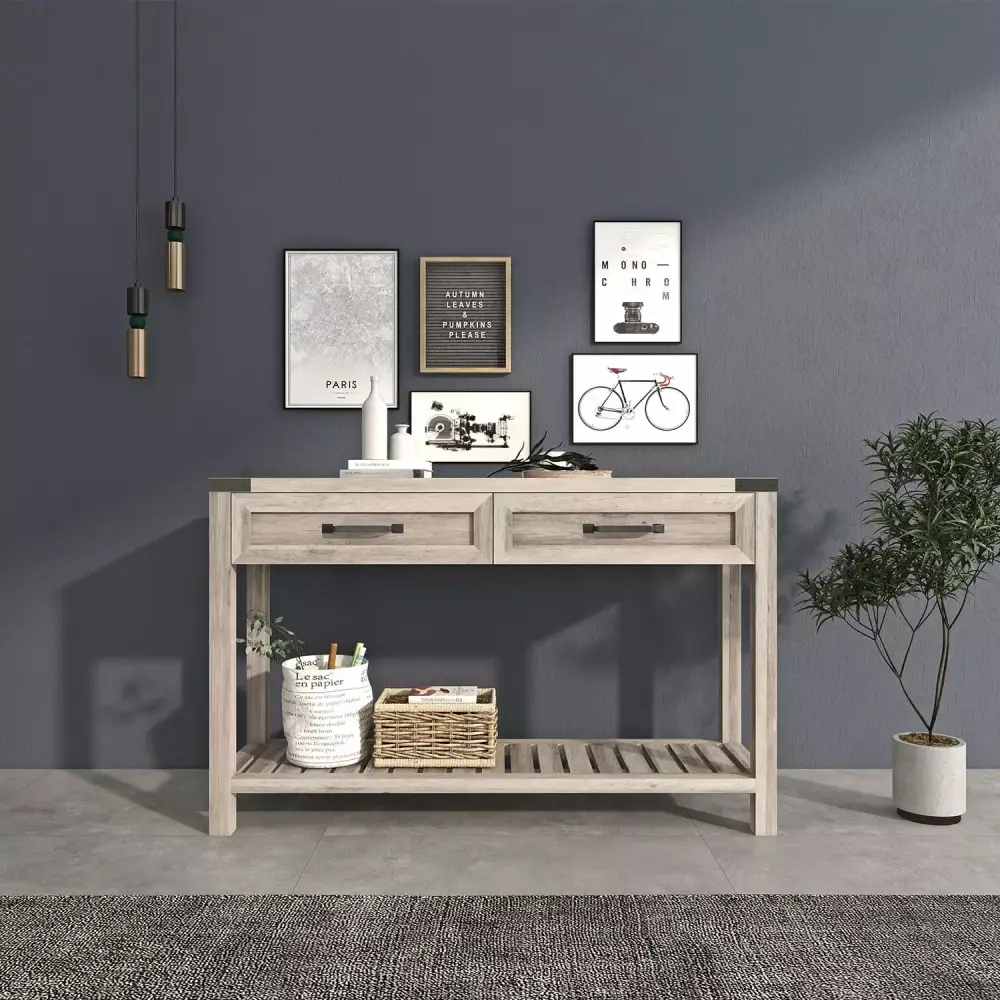 CJC 63 Inch Console Table Storage Sideboard for Living Room Entryway Hallway Gray Walnut