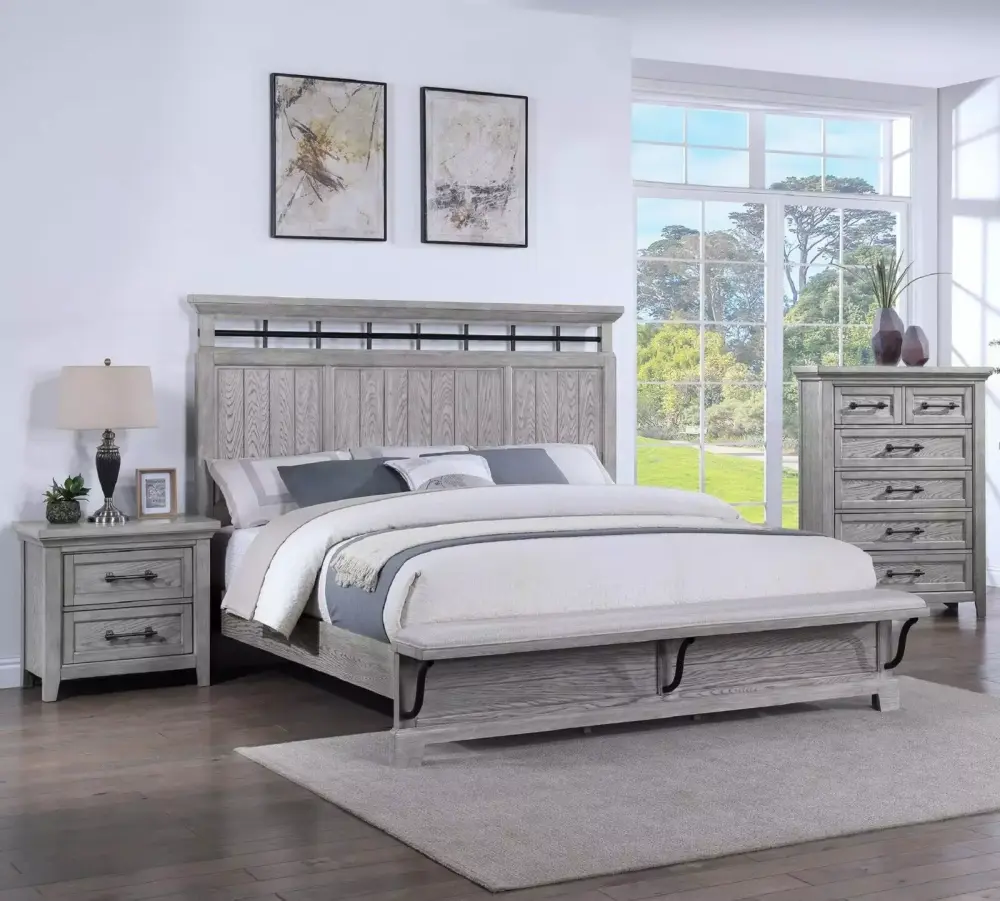 3pc Light Gray Finish King Size Panel Built-in Bench Bed Nightstand Chest Storage Set Solid Wood