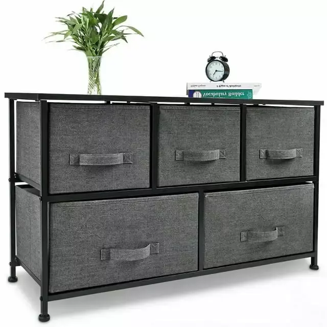 Bigroof Tall Fabric Dresser for Bedroom 5 Drawer Storage Tower with Wooden Top for Kids Room Closet