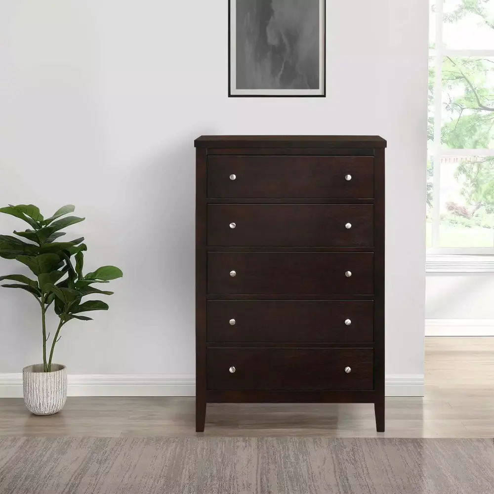 Con 48 Inch Tall 5-Drawer Dresser Chest with Silver Knobs in Cappuccino Brown