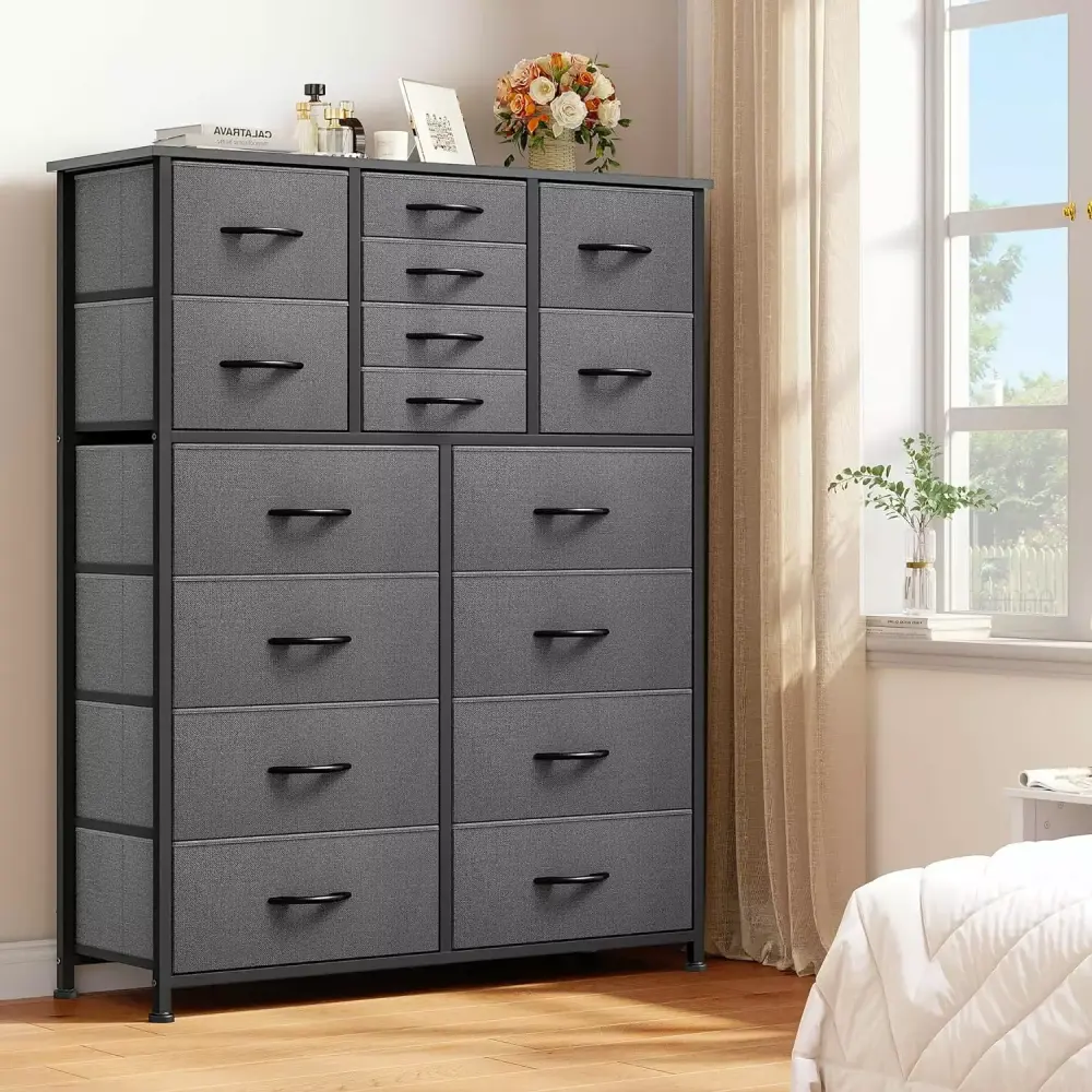 16 Drawer Tall Fabric Dresser Large Chest of Drawers Gray Storage for Living Room Entryway