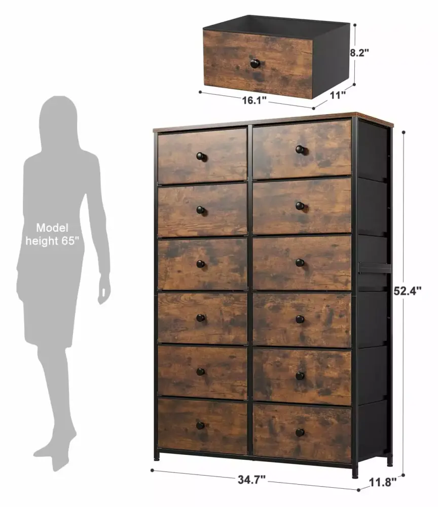 ZHAOTONG 12 Drawer Dresser with Wooden Top and Metal Frame, Rustic Brown Tall Fabric Dresser for Bedroom