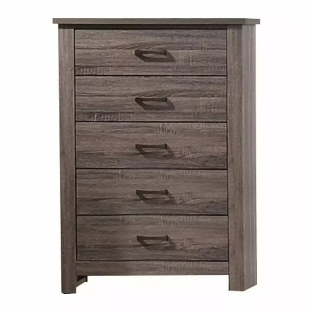 Benjara Soma 49 Inch Rustic 5 Drawer Tall Dresser Chest with Bar Handles in Oak Gray