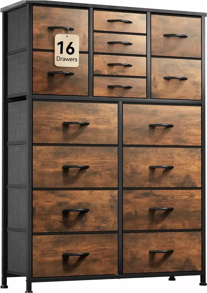 Elegant 16-Drawer Fabric Dresser with Metal Frame and Wooden Top Rustic Brown Large Chest