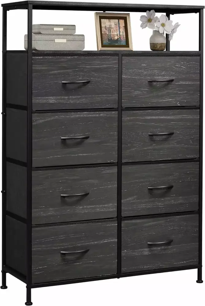 Tall 8-Drawer Fabric Dresser for Bedroom with Open Shelves Storage Tower for Closet Living Room Charcoal Black