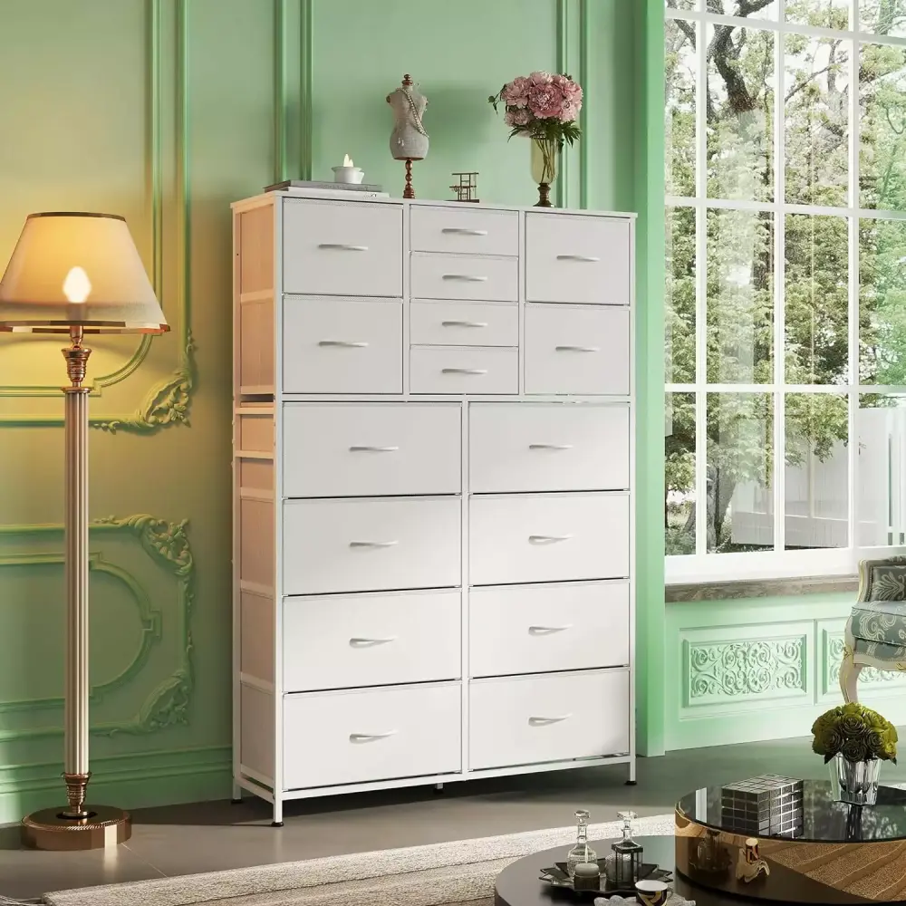 LIANMEI 16 Drawers Tall Dresser for Bedroom Closet Hallway Storage Dresser with Fabric Bins in White