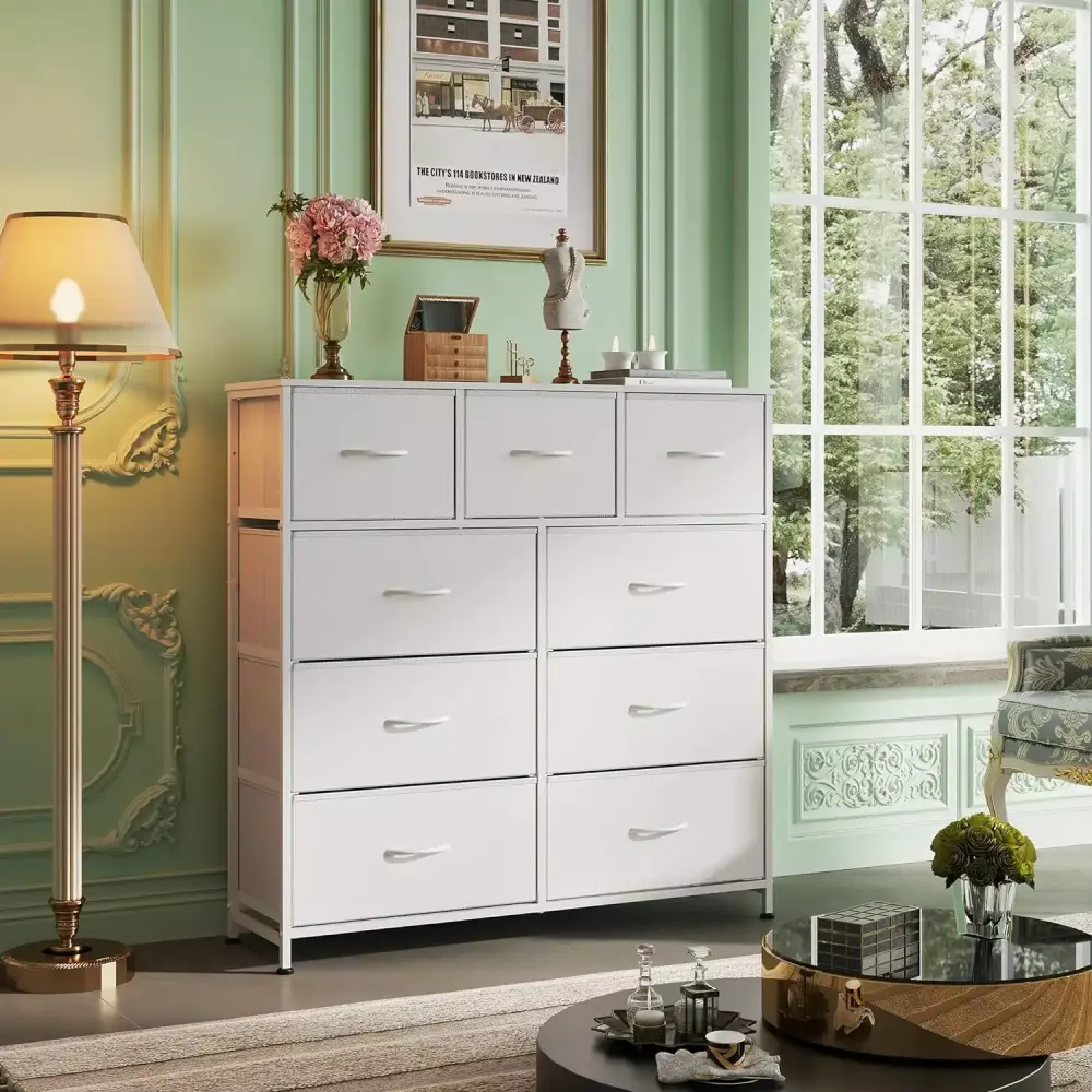 LIANMEI 9-Drawer Fabric Storage Tower for Bedroom Hallway Closet Tall Chest with Fabric Bins White