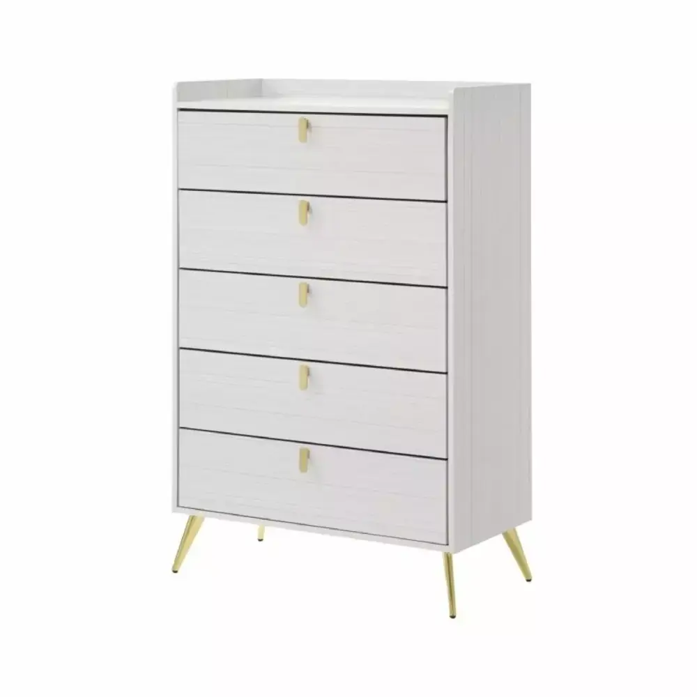 Cos 50 Inch Wood Tall Dresser Chest 5 Drawers with Metal Handles in White Gold - Saltoro Sherpi Design