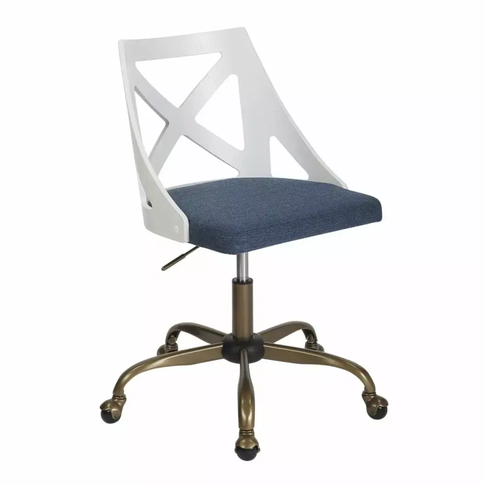 Charlotte Farmhouse Task Chair Antique Copper Metal White Textured Wood Blue Fabric Home Office Chair