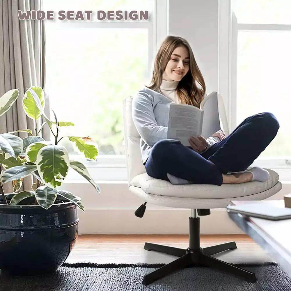 PU Leather Armless Office Chair with Wide Padded Seat and 120-Degree Rocking - Criss Cross Legged Swivel Vanity Chair for Small Spaces