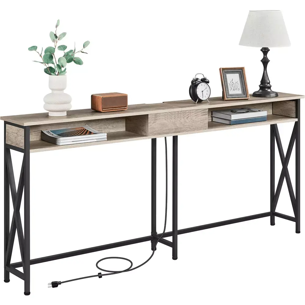 Alden Design 3-tier Modern Wooden Console Table with 2 Outlet and 2 USB Ports for Living Room Gray