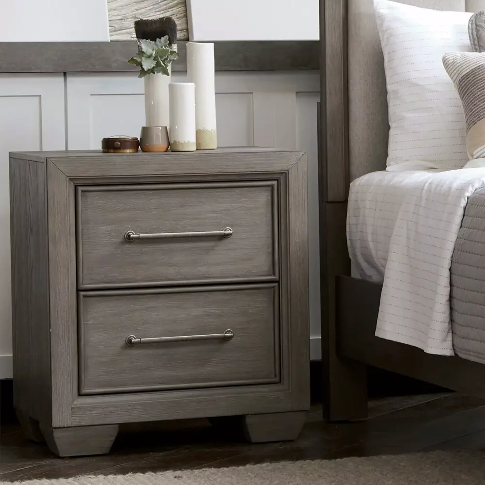 Ennesley Gray Wood 2 Drawers Nightstand with USB Charger - Functional Bedside Table