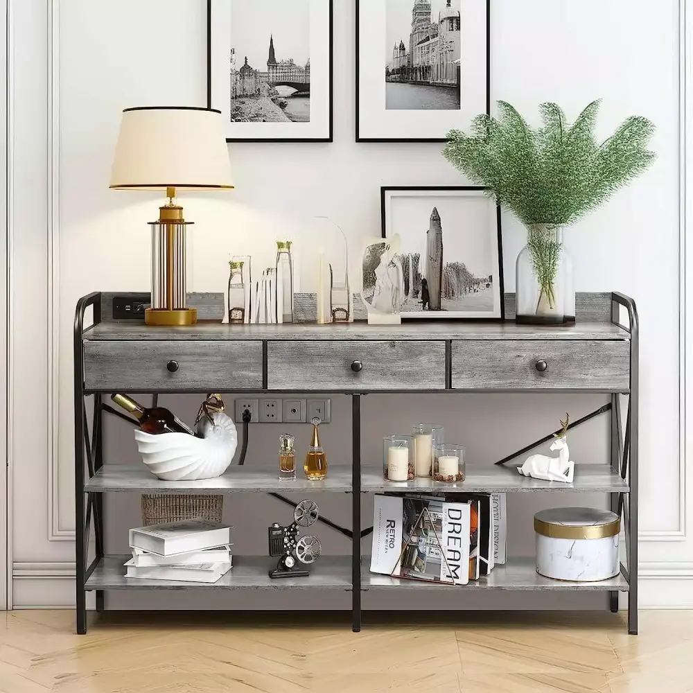 EasingRoom 55 Inch Farmhouse Console Table with Power Outlet and USB Ports for Living Room